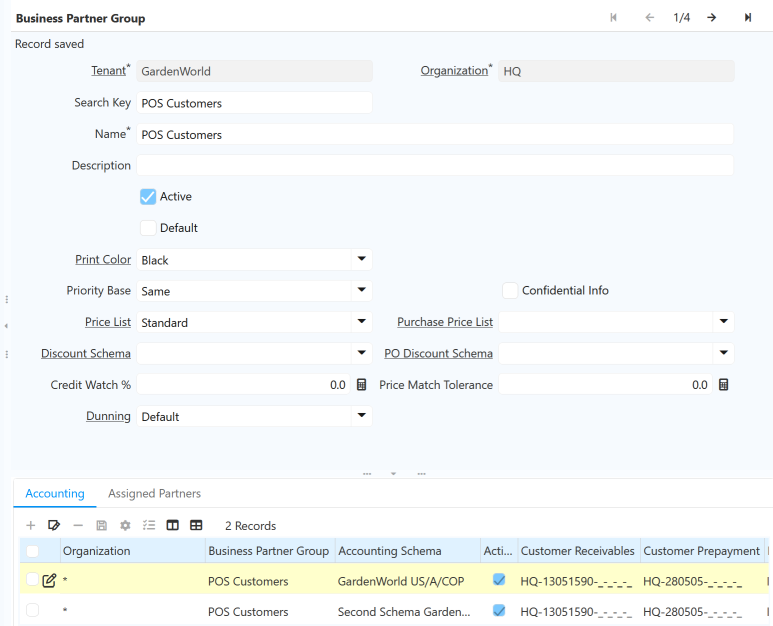 Business Partner Group Window