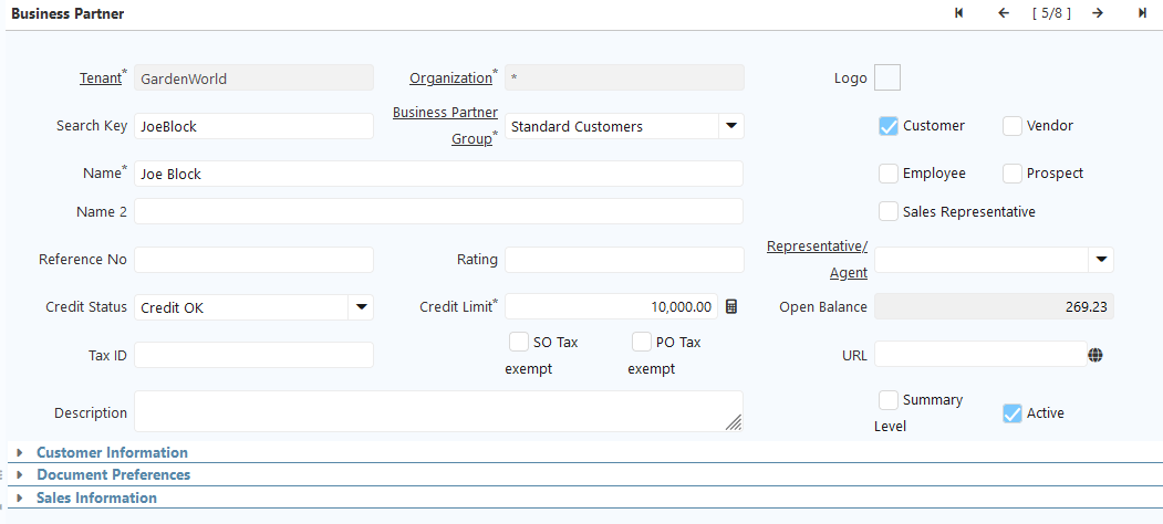 Business Partner Window Main