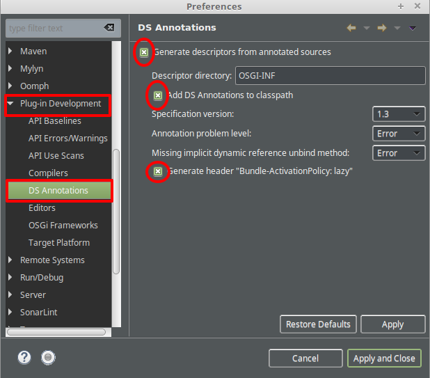 Eclipse DS Annotation Configuration