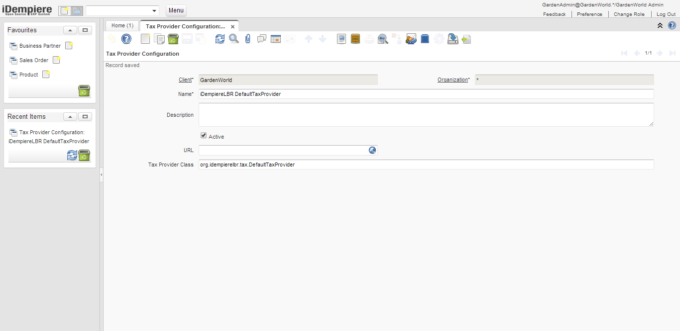 Tax Provider Configuration window