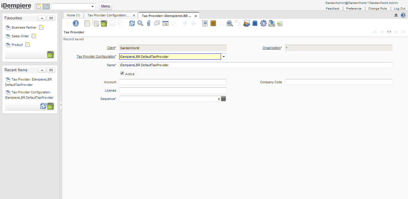 Tax Provider window