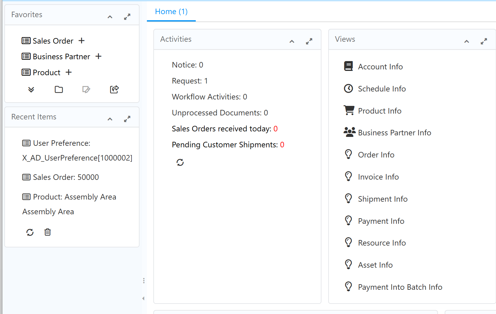 Components of main/home page of iDempiere