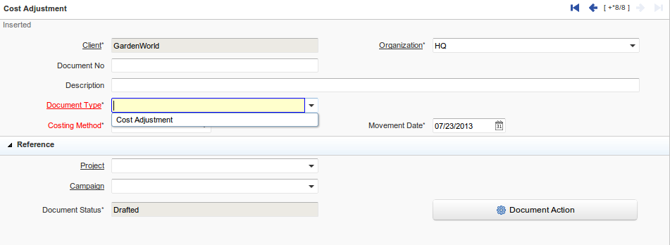 Cost Adjustment Document Type