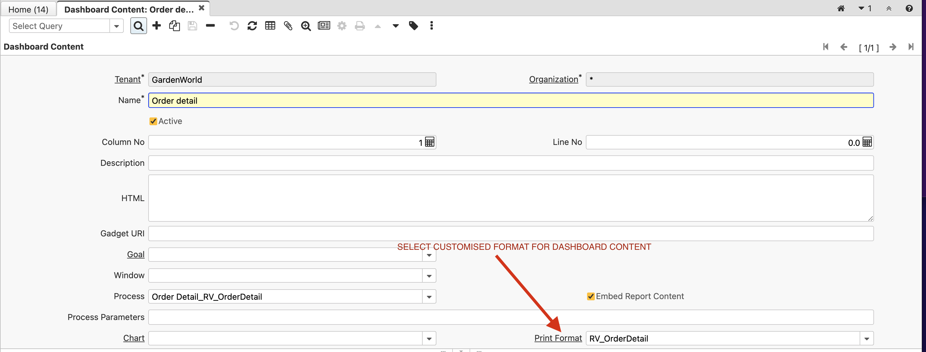 Dashboardparameter pformat setup