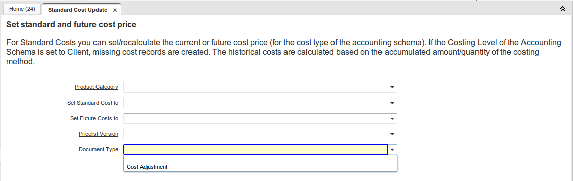 Cost Adjustment Standard Cost Update
