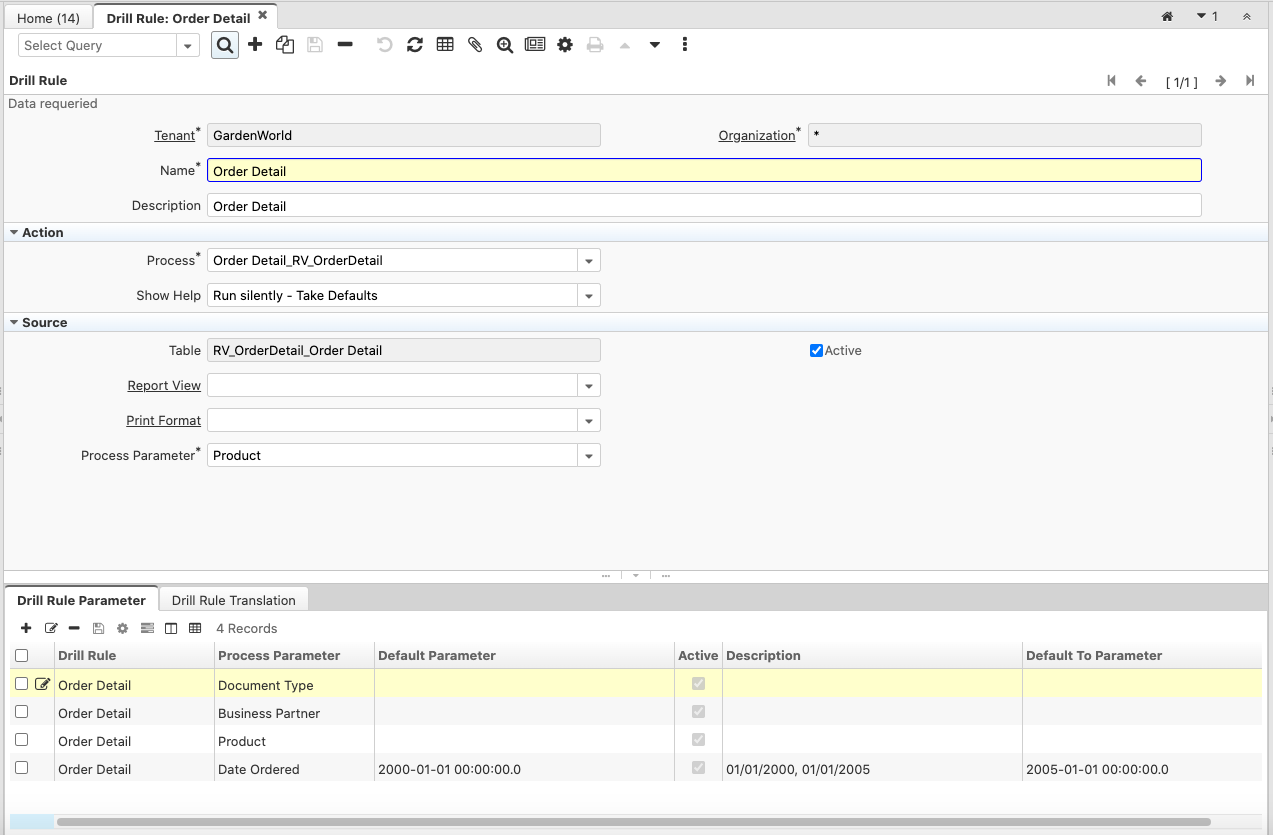 Drill rule window procparameter
