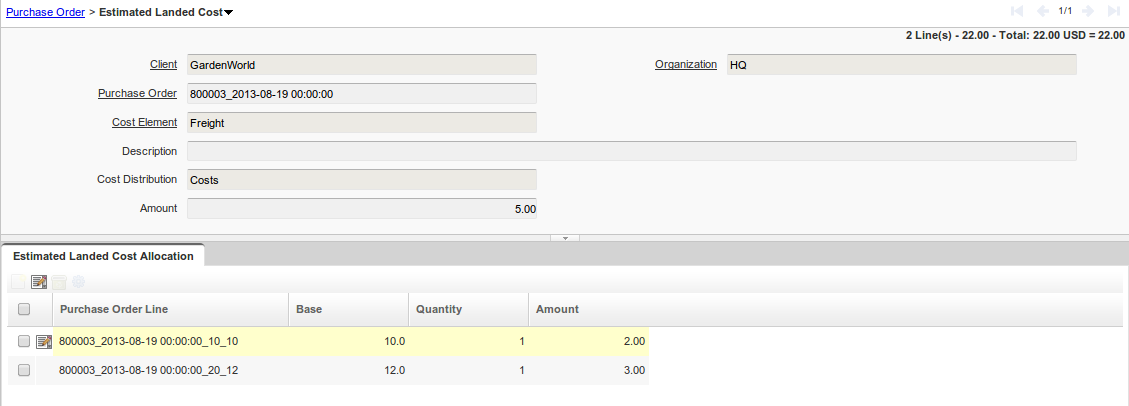 EstimatedLandedCost Purchase Order